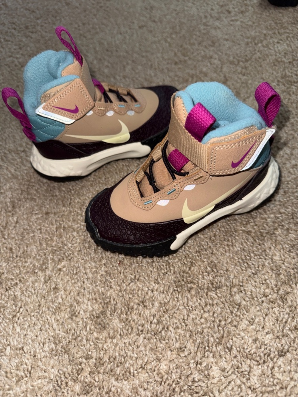 Nike Kids Tan, Blue & Pink High-Top Boots
